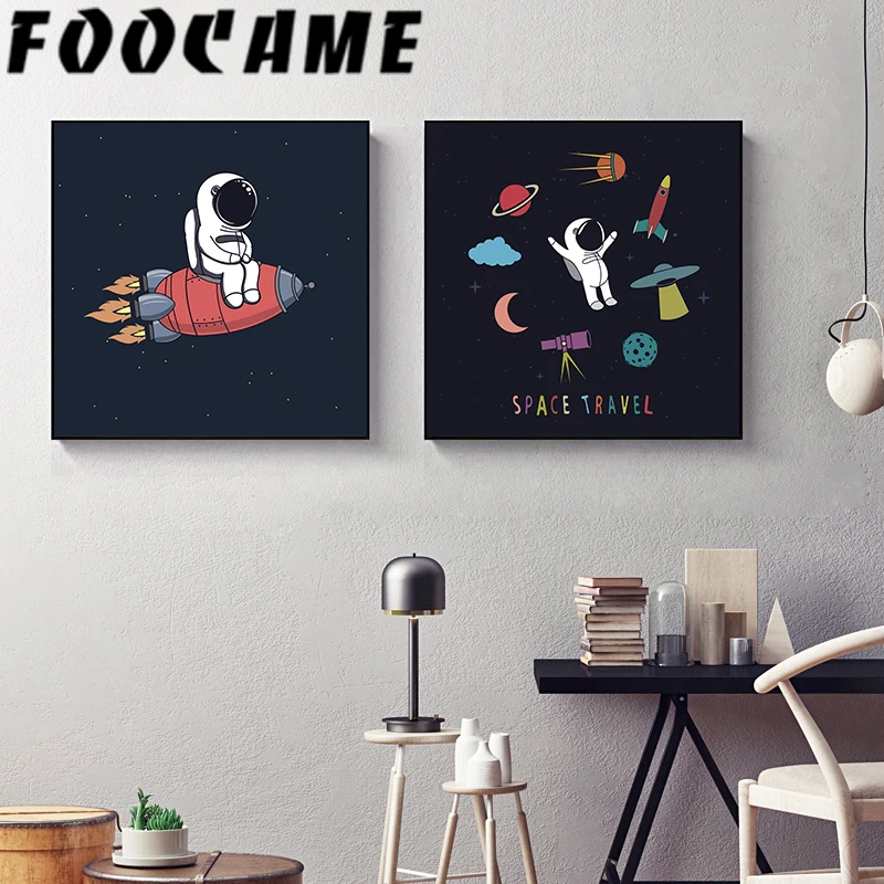 Мультяшный космонавт космическая планета Луна скандинавский холст печать