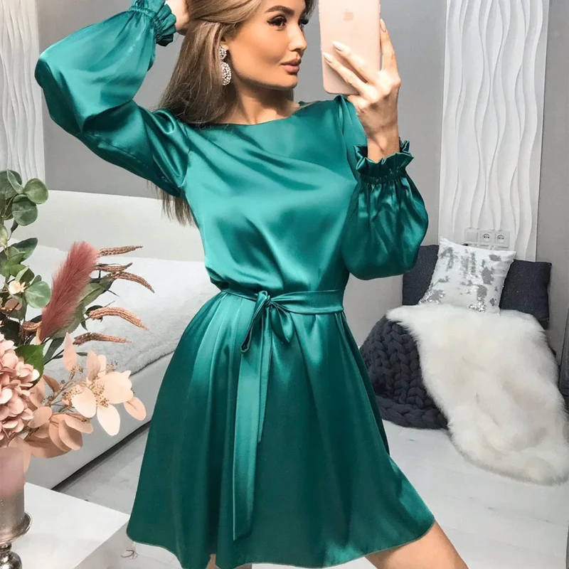 

A Line Mini Dress Women O Neck Lantern Sleeve Party Night Dress Female Spring Autumn Elegant Solid Sashes Dresses woman dress