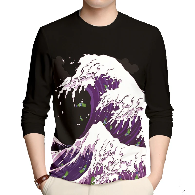 

Футболка мужская оверсайз с длинным рукавом, стильная тенниска с принтом волн, Черная майка в стиле Харадзюку, уличная одежда, 5XL