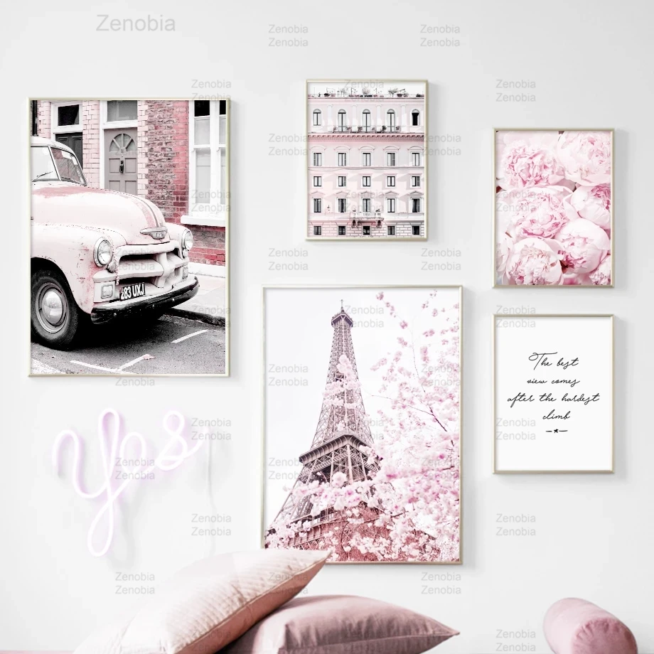 Розовая башня Парижа улица пион цветы домашний декор настенная Картина на холсте
