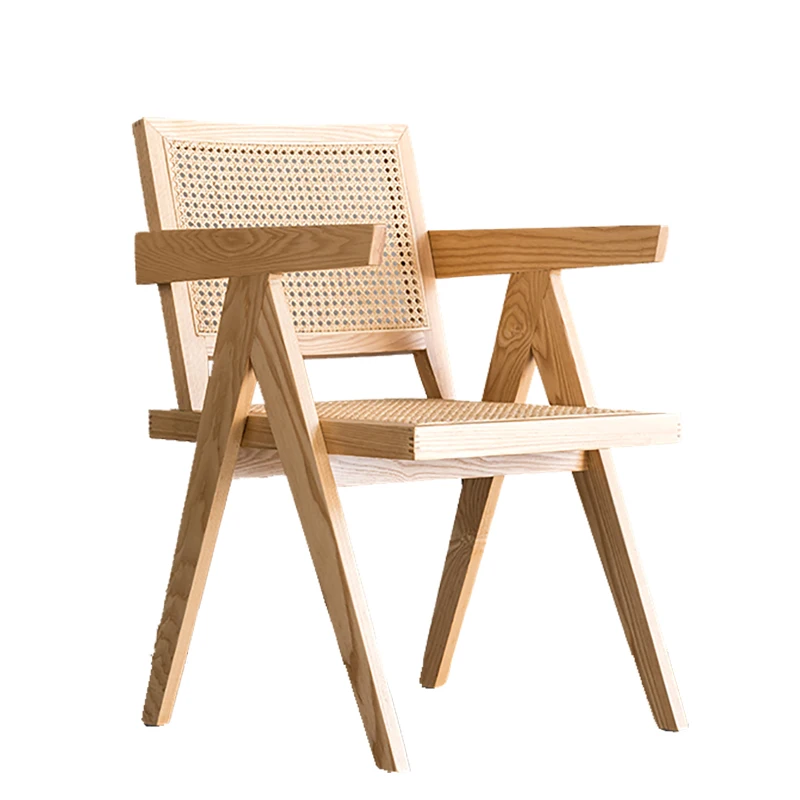 

Nordic Solid Wood Dining Chair Rattan White Wax Black Walnut Chair Assembly with Armrest