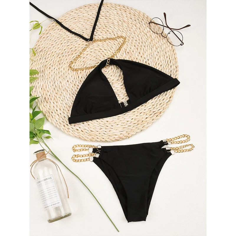 

Rivertrip Metal Strap Bikini Set Sexy Women's Swimwear 2021 Cut Out Swimsuit Halter Biquini Push Up Bathing Suit Solid Beachwear
