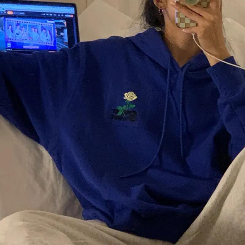 

Женский свитшот с длинным рукавом, голубой Повседневный свитшот большого размера с цветочным принтом, Осенние винтажные женские топы, 2021