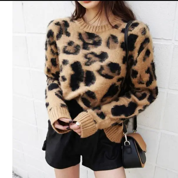 Женские винтажные леопардовые кашемировые свитера с длинными рукавами и круглым