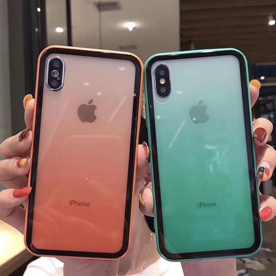 Цветной Ударопрочный силиконовый бампер рамка стеклянный чехол для iPhone X XS XR Max 8 7