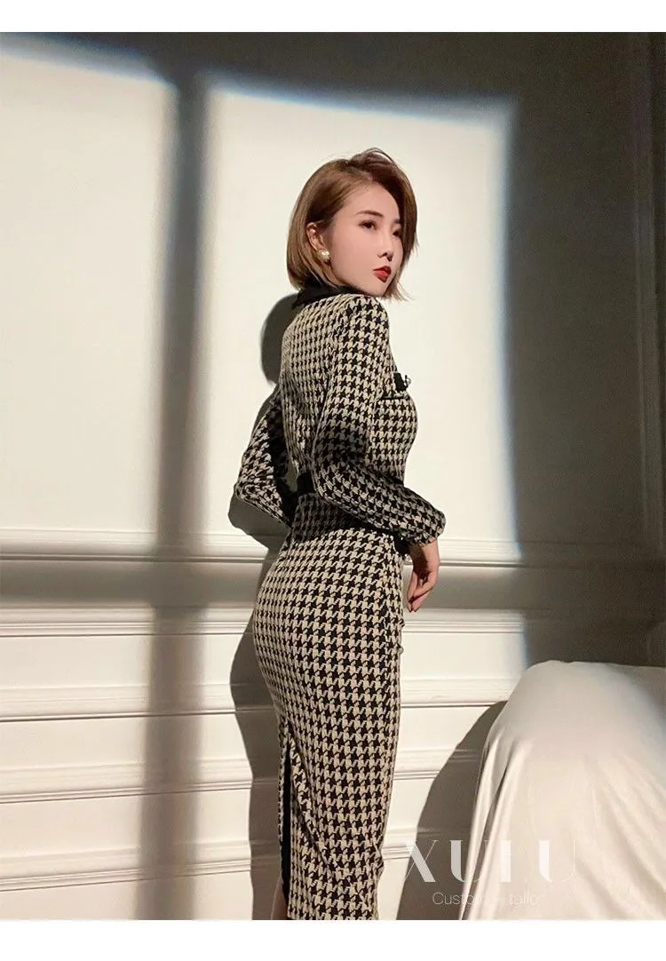 Женское платье-миди с принтом гусиные лапки