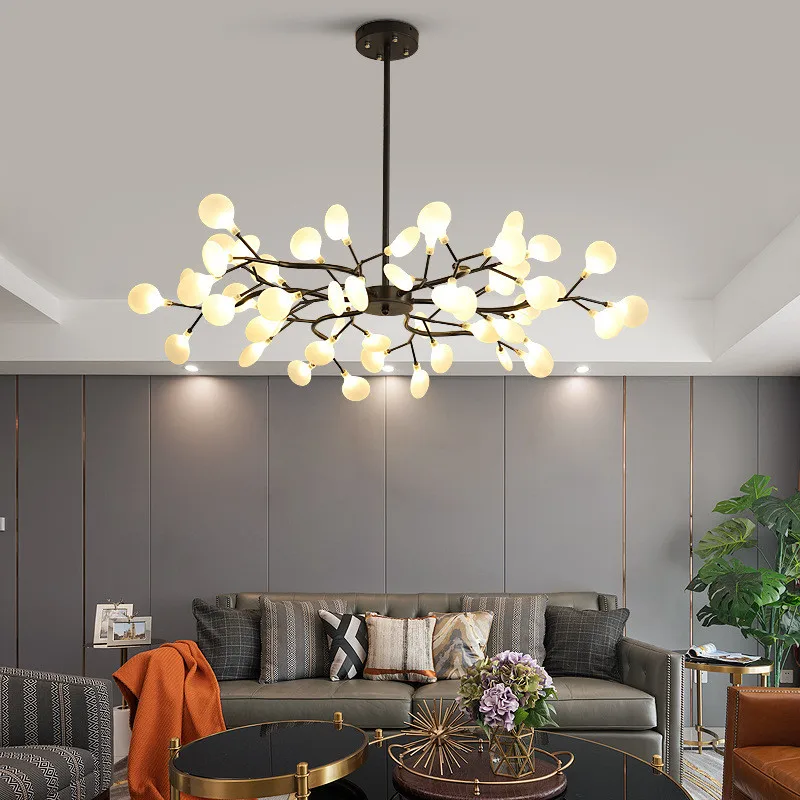 Modern Art Firefly LED Chandelier Lighting Nordic Living Room Bedroom Lamp Dining Ceiling Chandelier Gold Black Branch Fixture