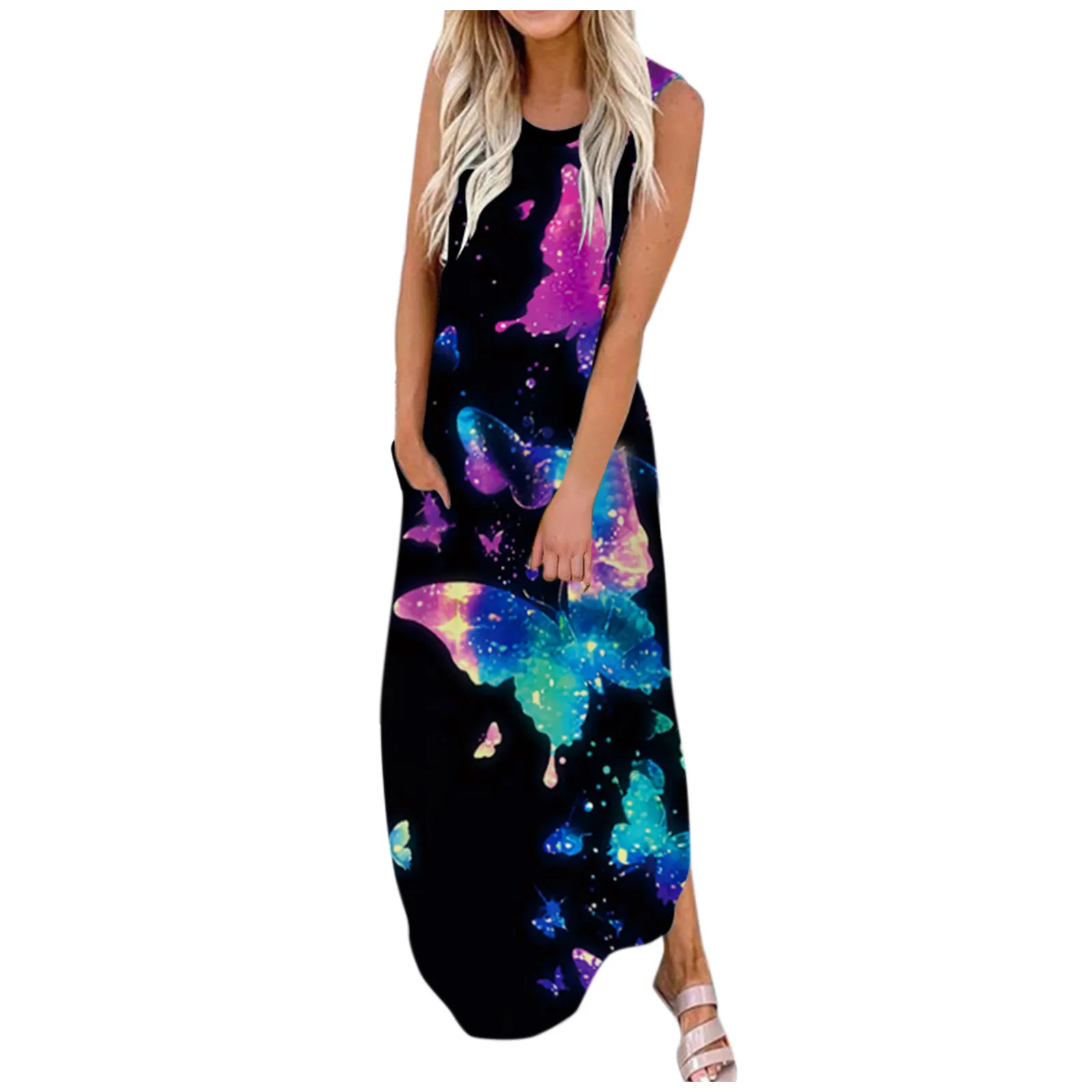 

2021 New Fashion Summer Dress Vintage Women Sleeveless Pocket Casual Floral Printing Sundress Elegant Beach Long Loose Dress