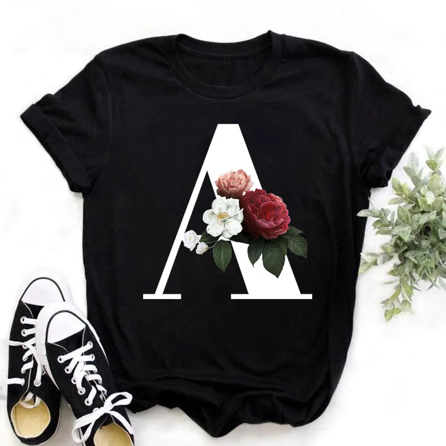 Футболка с буквенным принтом в виде цветов и букв ABC женская летняя черная