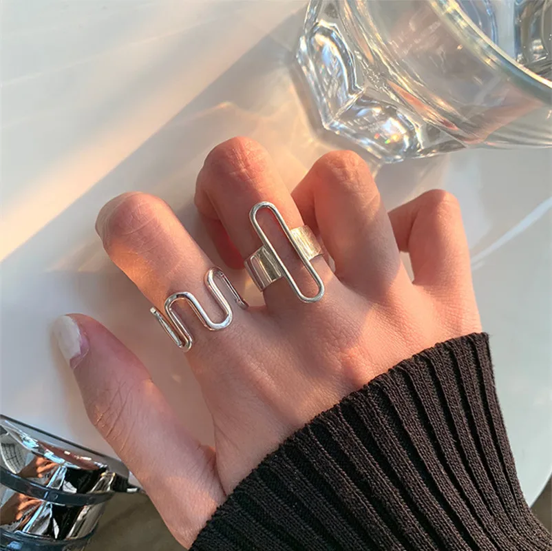 

QMCOCO 925 Sterling Silver Geometry Hollow Ring Creative Retro Big Waves Handmade Birthday Party Jewelry Gift for Women