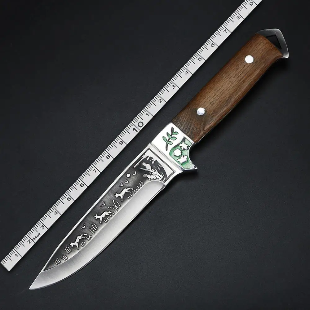 

Full Tang Fixed Blade Knife Exquisite Pattern Outdoor Survival Camping Hunting Knife Straight Knives with Wood for Collection
