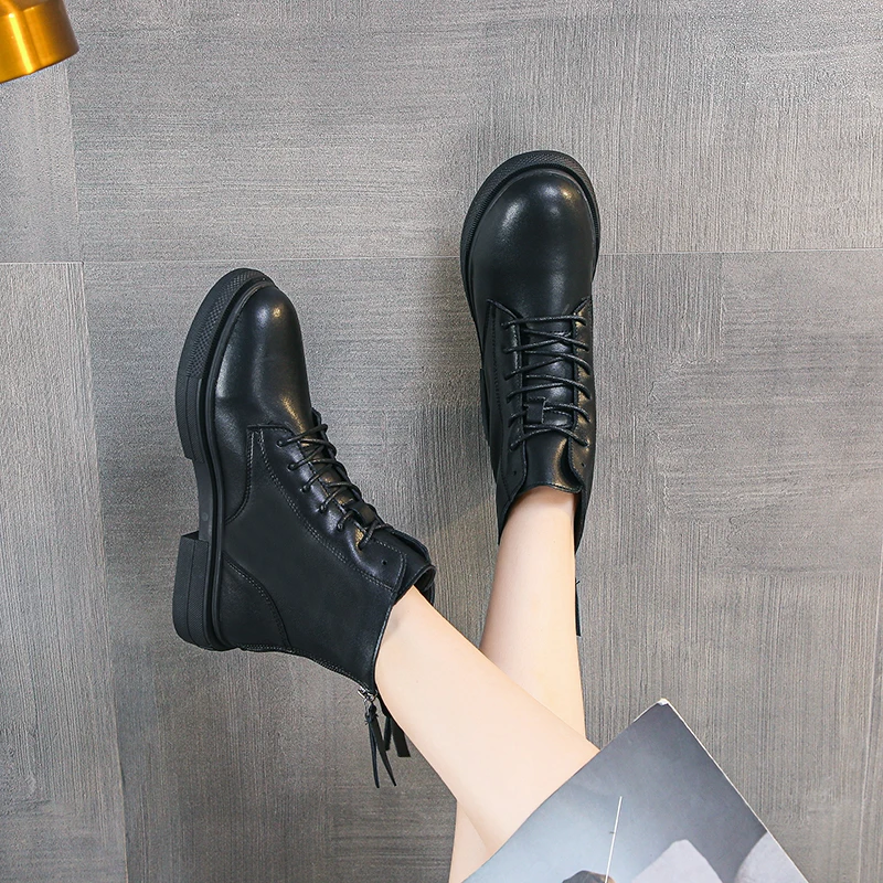 

Autumn Women Boots Genuine Leather Black Martin Boots Fashion Female Casual Shoes Winter Boots Platform Motorcycle Zapatos Mujer