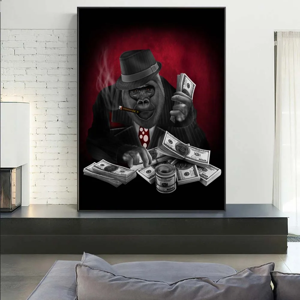 

Novelty Smoking Monkey Gorilla Canvas Painting with Dollar Wall Pictures for Living Room Wall Art Posters Prints Home Wall Decor