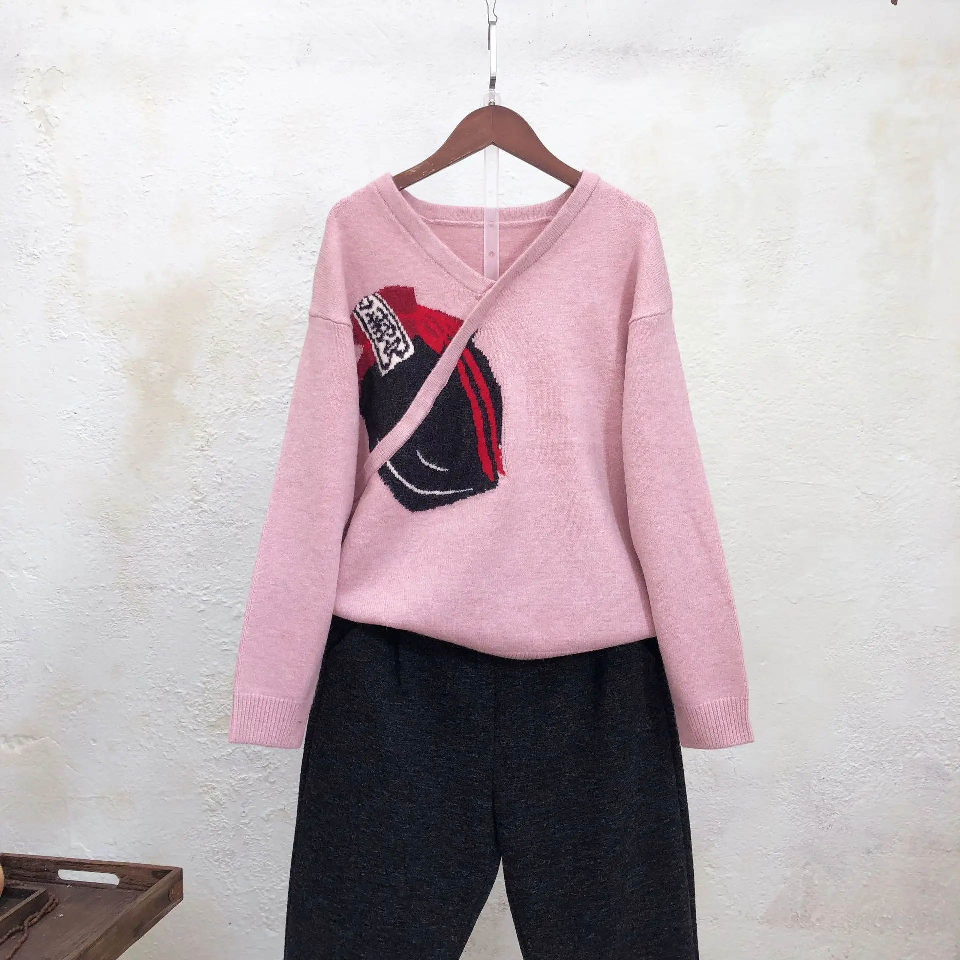 Китайский ветер ретро v образным вырезом рубашка Осень Зима Одежда Han Sen Отдел