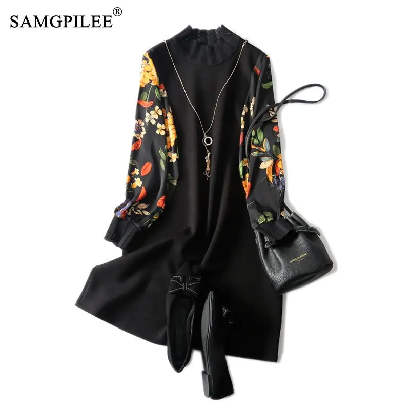 

Fake Two-piece Patchwork Print Dress Women 2021 Round Neck A Line Space Cotton Retro Long Sleeve Woman Dresses 2021 Winter 4XL