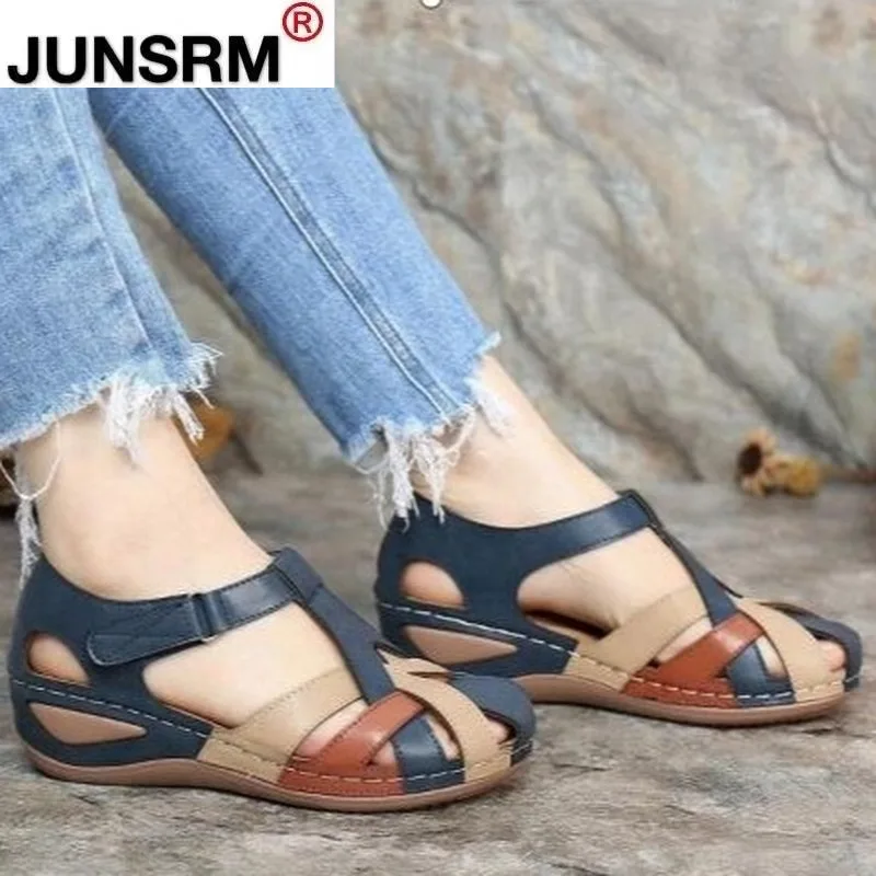 

2021 New Summer Women's Sandals Fashion Velcro Wedge Casual Sandals Baotou Low Heel PU Roman Women's Shoes Zapatos De Mujer