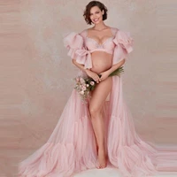 sweet pink tulle maternity dresses puffy sleeves sheer sexy bridal photo shoot tulle robes custom made plus size tulle gowns