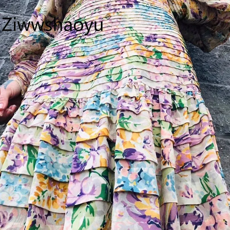 Ziwwshaoyu/элегантное Брендовое платье с цветочным принтом; сезон осень-зима; женские многоярусные вечерние платья с рукавами-фонариками и оборками