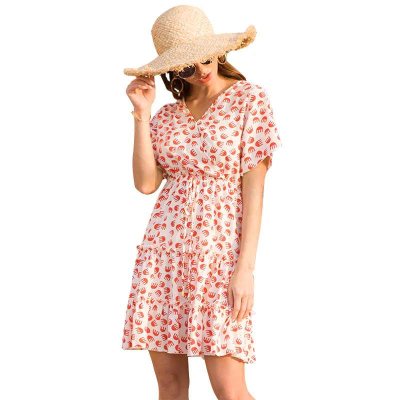 

AECU Women Boho Summer Holiday Dress V Neck Short Sleeve Printed Mini Dress Bohemian Dress Casual Sundress Beach Dress Vestidos