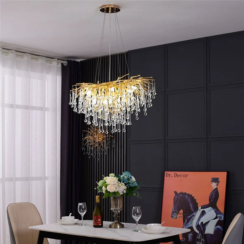 

Nordic Branch Crystal Chandeliers Loft Pendant Lamps Bedroom for Living Room Villa Indoor Decor Restaurant Hanging Lamp Lighting