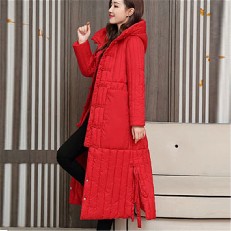 

National style disc buckle Cotton Jacket 2020 Winter New Women Outerwear Fashion Slim Thick Warm Long Parka M288