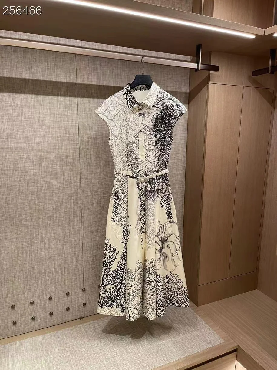 

Elegant Long Cotton Dress Party Summer Spring New Fashion Design Women Runway Print Belt Single Breasted High Quality Dress