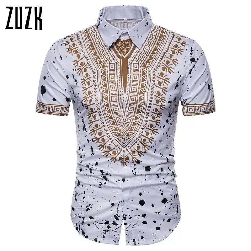 Модная мужская рубашка ZUZK в африканском стиле с принтом коротким рукавом летняя