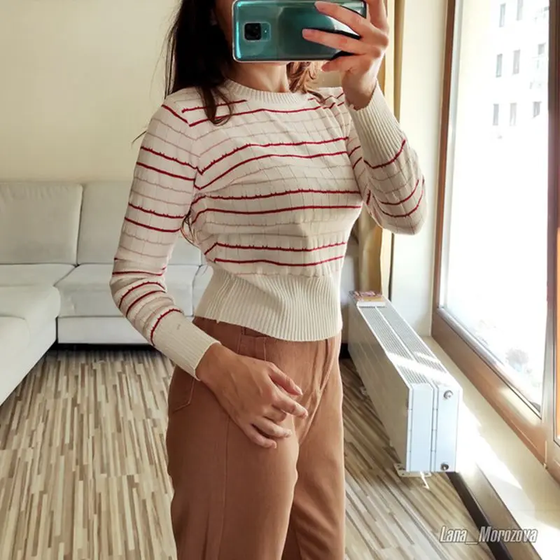 Женский вязаный свитер GIGOGOU повседневный джемпер в полоску с круглым вырезом
