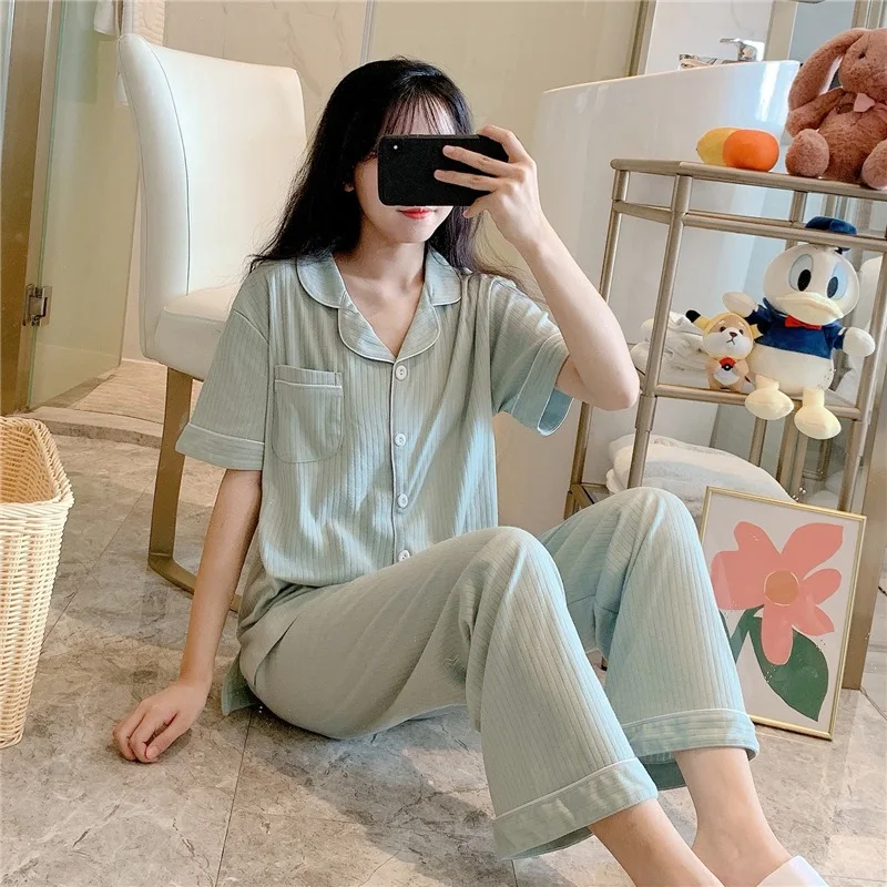 

100% Cotton Short Sleeve Long Pants Pajamas Sets for Women 2020 Summer Sleepwear Suit Pyjamas Homewear Pijama Mujer Home Clothes