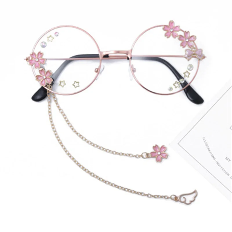 

1pc Cute Sakura Wing Pendant Glasses Frame Women Round Girls Retro Gothic Handmade Eyewear Bowknot Glass