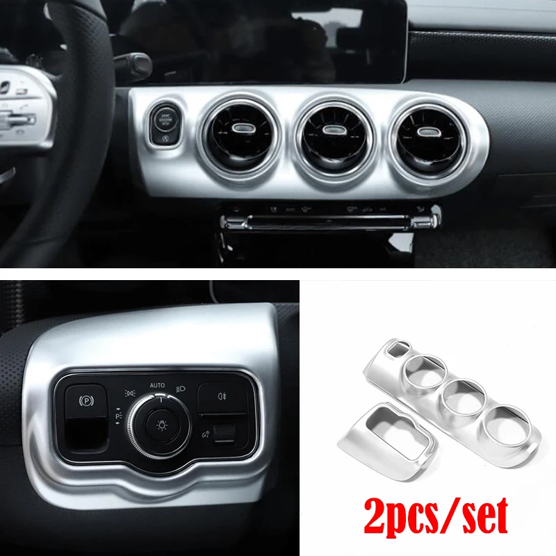 

for Mercedes Benz A Class 2019 ABS Matte Headlamps Switch Central Control Air Condition outlet Vent frame Trim Cover 2pcs