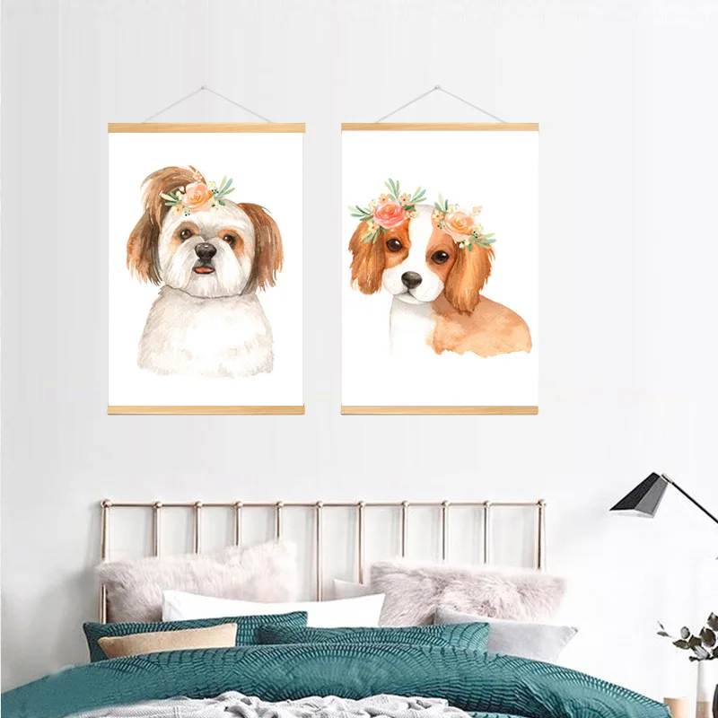 Цветочная корона плакат с принтом хаски и собак деревянной рамкой акварельные