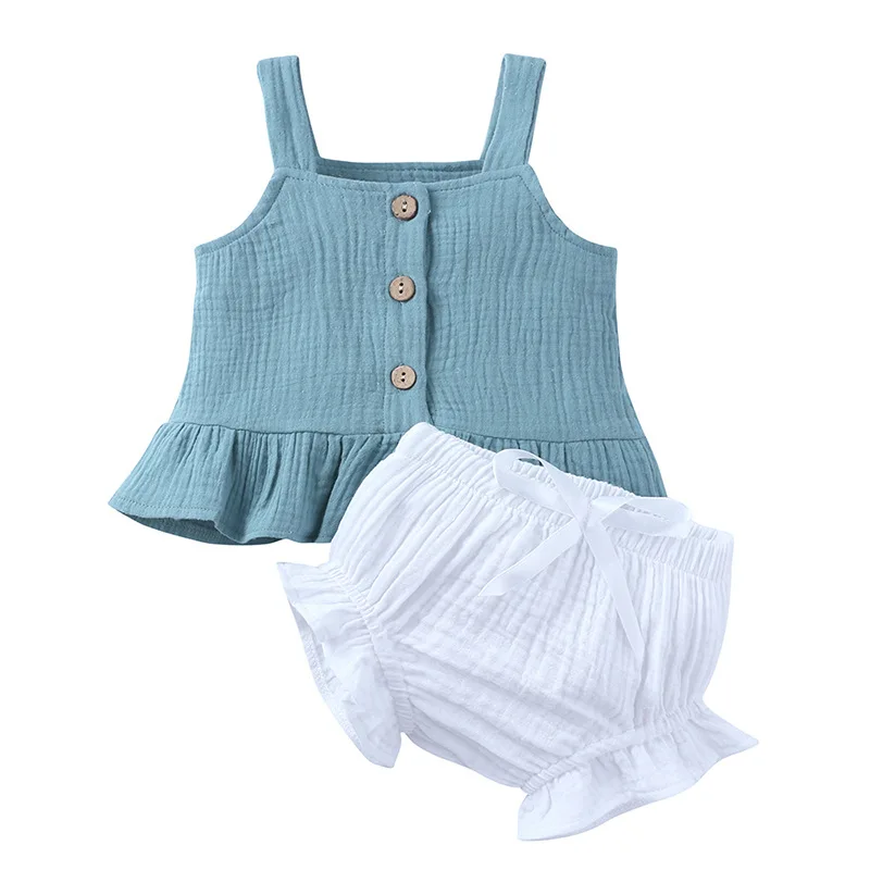 

2020 Baby Summer Clothing Infant Newborn Baby Girl Sleeveless Tshirts Vest Ruffled Shorts 2Pcs Set Cotton Linen Clothes