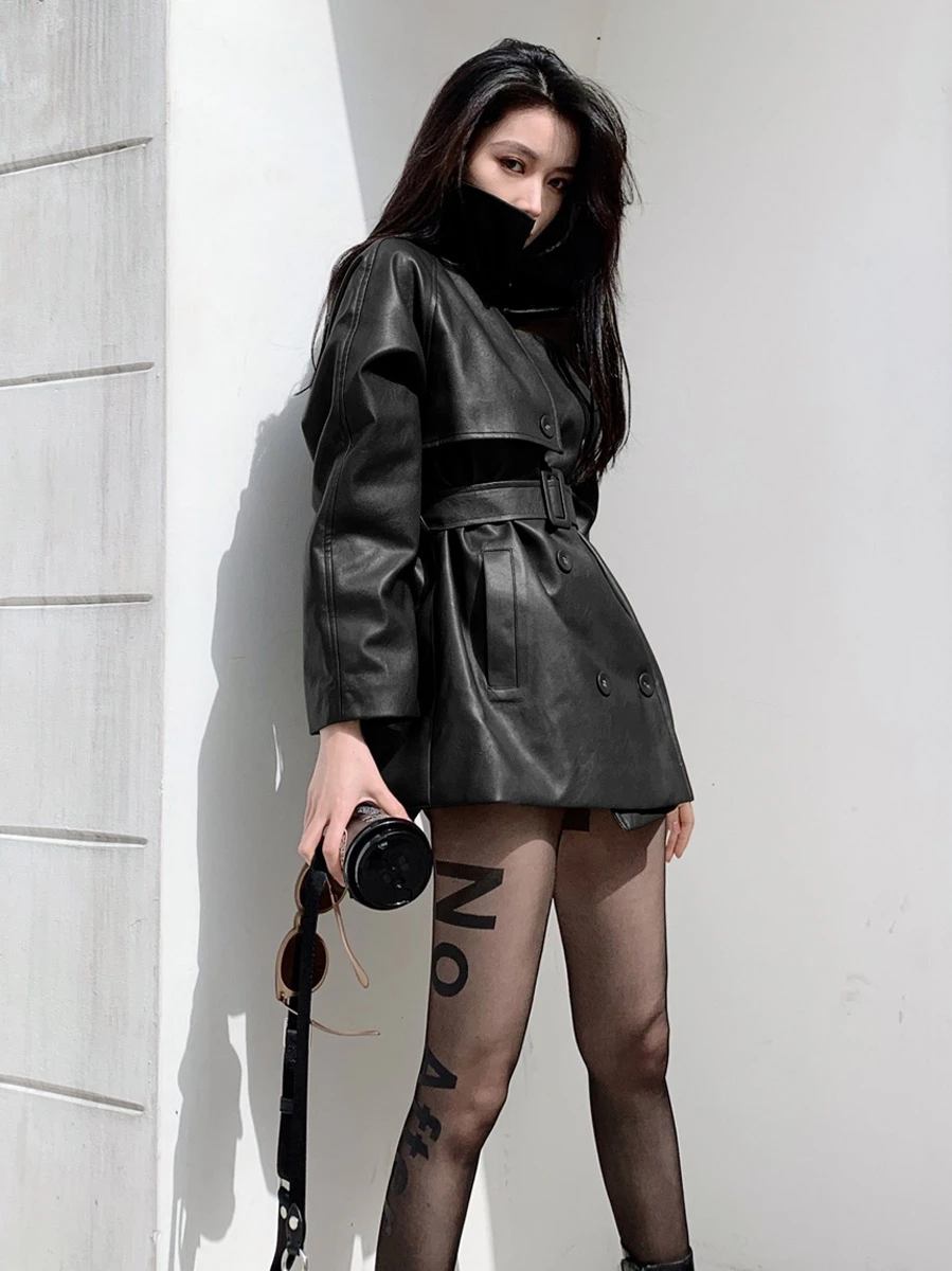 

Loose medium- and long-length belted PU leather windshield jacket Q202