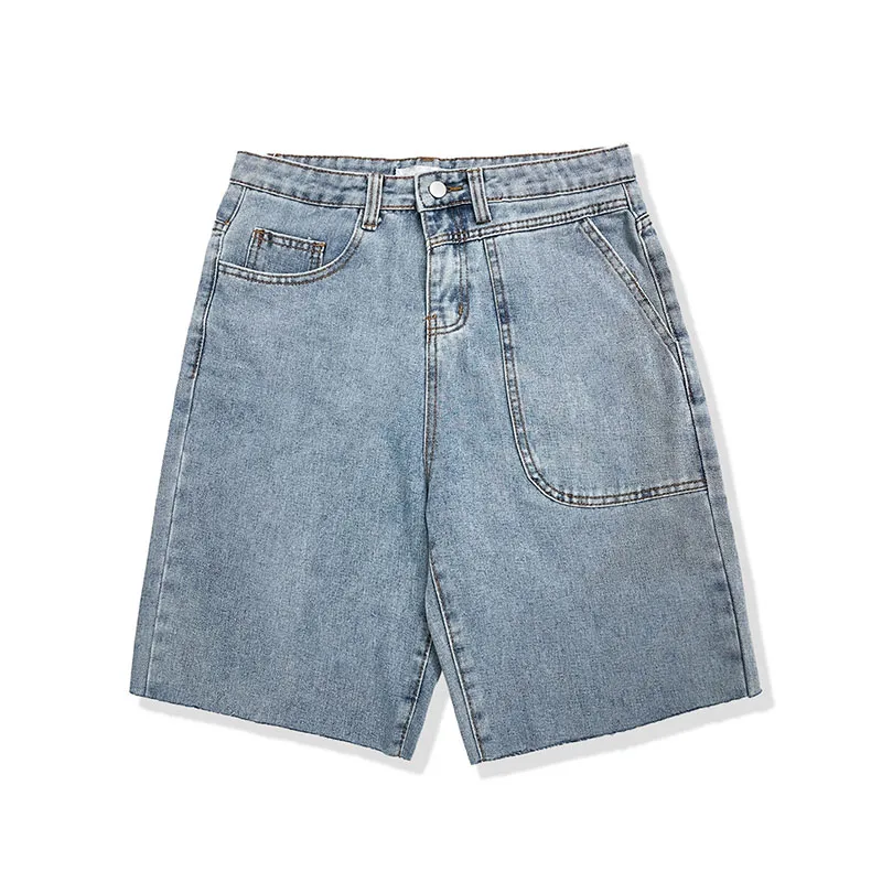 

Summer Ins Street Short Knee Length Jeans Men Vintage Blue Black Denim Pants Casual All Match Straight Loose Trousers 2021