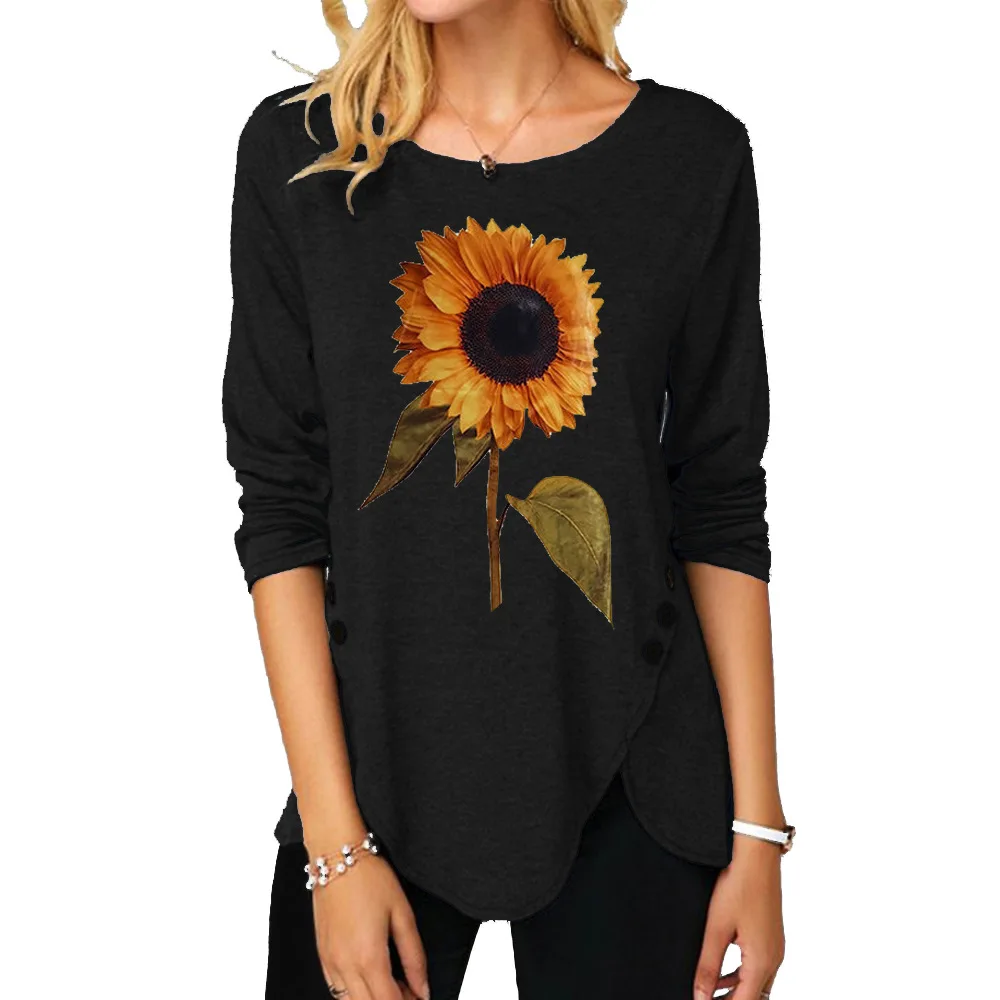 

Autumn blouse sunflower print irregular hem LARGE T-SHIRT