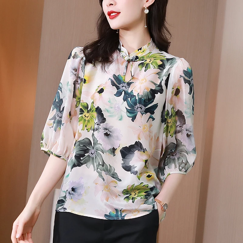 

Chinese Style Women Floral Print Shirt Elegant Mandarin Collar Three Quarter Sleeve Summer Office Lady 100% Real Silk Blouse