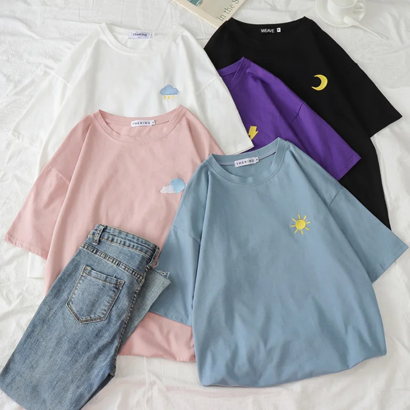 

Women harajuku Kawaii Candy colors t-shirt Korean weather Embroidery Loose All-match t shirt summer Short Sleeve Simple T-shirts