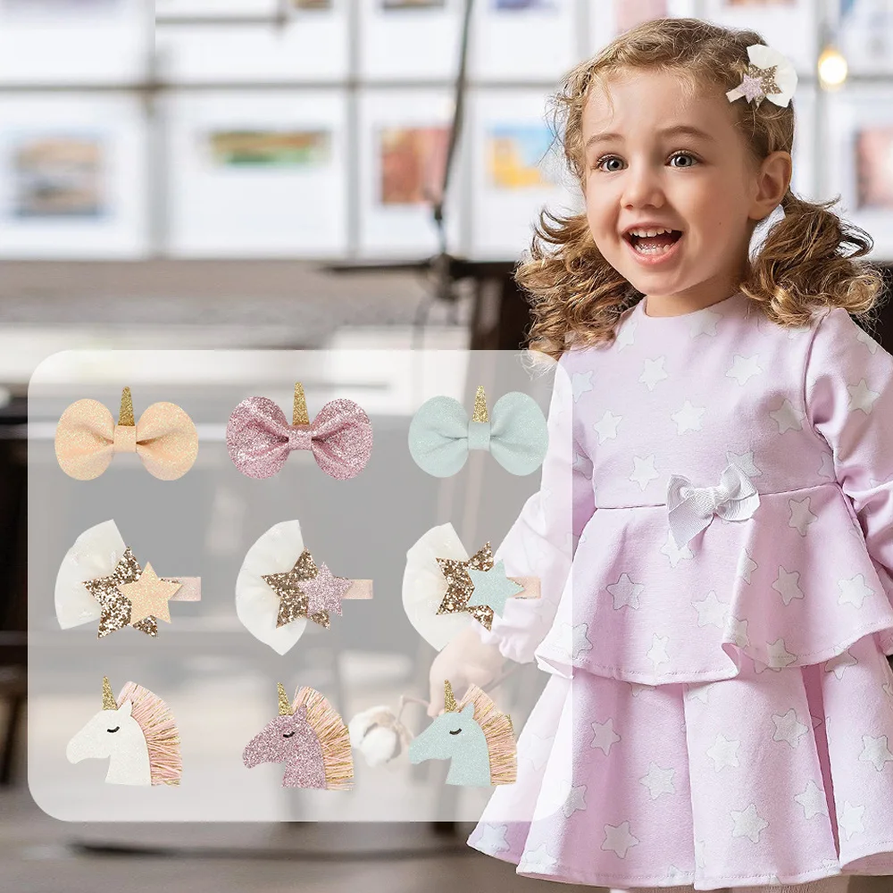 

5 шт./лот заколки для волос с блестками в виде единорога с бантом для девочек заколки для волос для праздника вечерние аксессуары для волос Р...