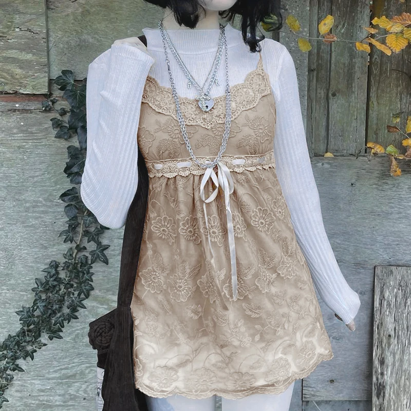 

V Neck Lace Patchwork Mini Sundress Bown Cute Khaki Camisole Chic Dress Women Sexy Fashion Vintage 90S Sweet Beach Y2K
