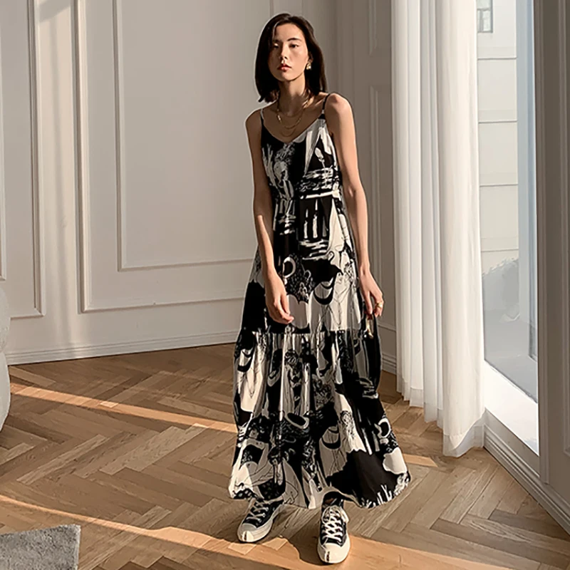 

SHENGPALAE elegant floral derss women's summer 2021 new V-neck spaghetti strap waist mid-calf Chiffon dresses female tide 5C915