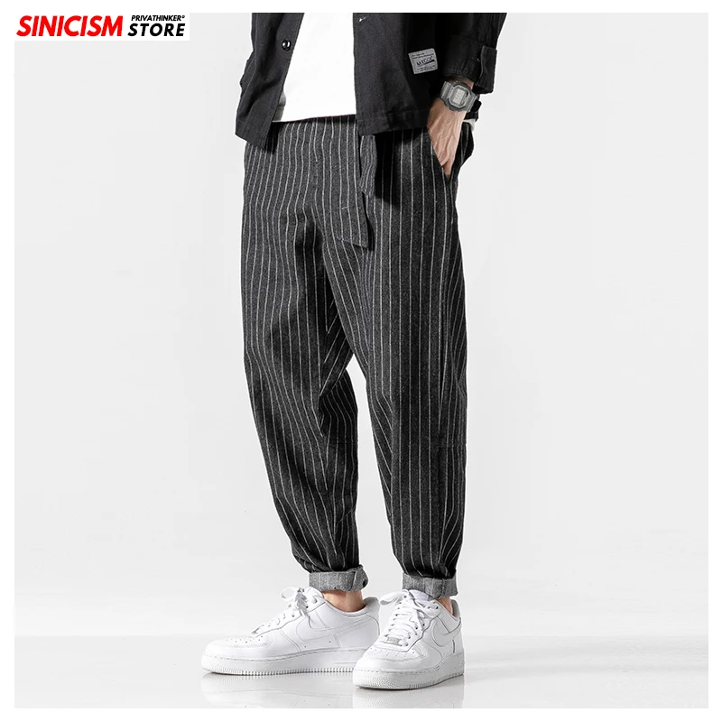 Black(AsianSize) Sinicism мужские уличная свободные джинсы мужские Осень-Зима в полоску оверсайз мужские брюки-шаровары модные джинсы с карманами - Цвет: Black(AsianSize)