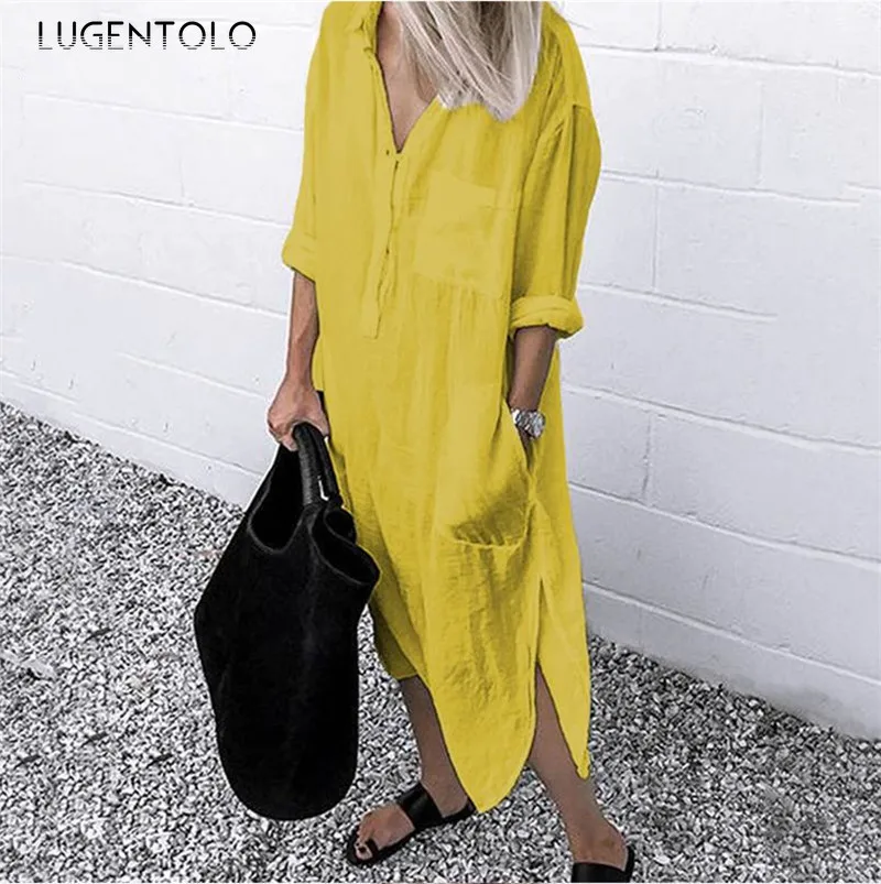 

Women Elegant Dress Summer Large Size Simple Button Pocket Dresses Female Casual Loose Lapel Split Fork Street Dress Lugentolo