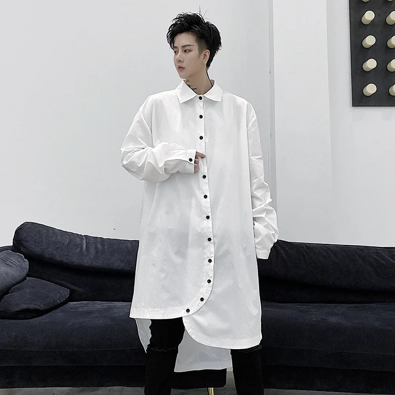 

Белая рубашка для парикмахеров, Мужской дизайнерский Свободный Топ с мелкими пуговицами и асимметричным подолом, длинный кардиган, пальто