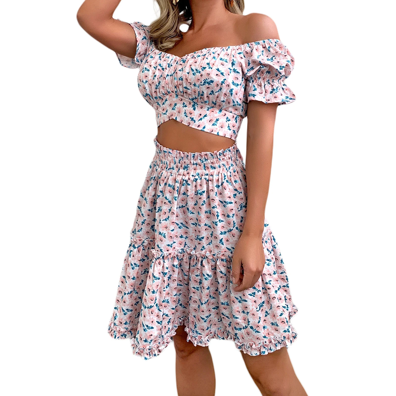

Summer Floral Two-piece Skirts Suits Women Clothing Casual Off Shoulder Ruched T-shirt Crop Tops and Mini A-Line Skirts Sets