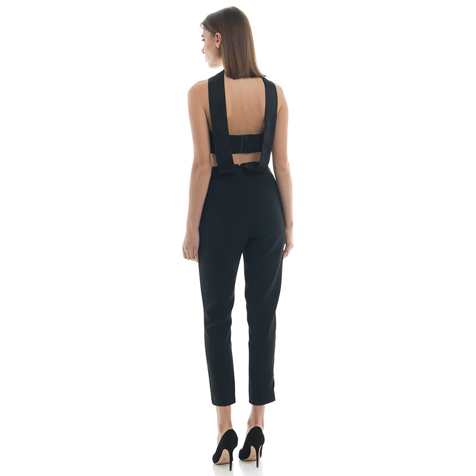 

2019 new women's bandage nine points jumpsuit sexy black sleeveless openwork overalls tights Bodycon party club long jumpsuit
