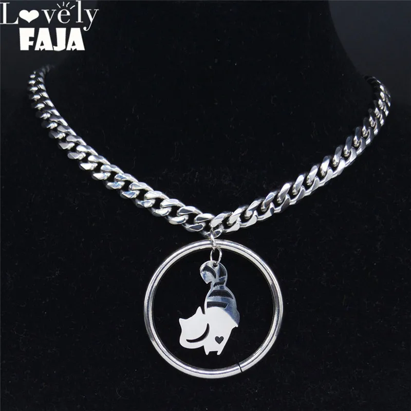 

Punk Cat Stainless Steel Choker Necklace Women Silver Color Chain Necklace Jewelry collar acero inoxidable mujer N3728S03