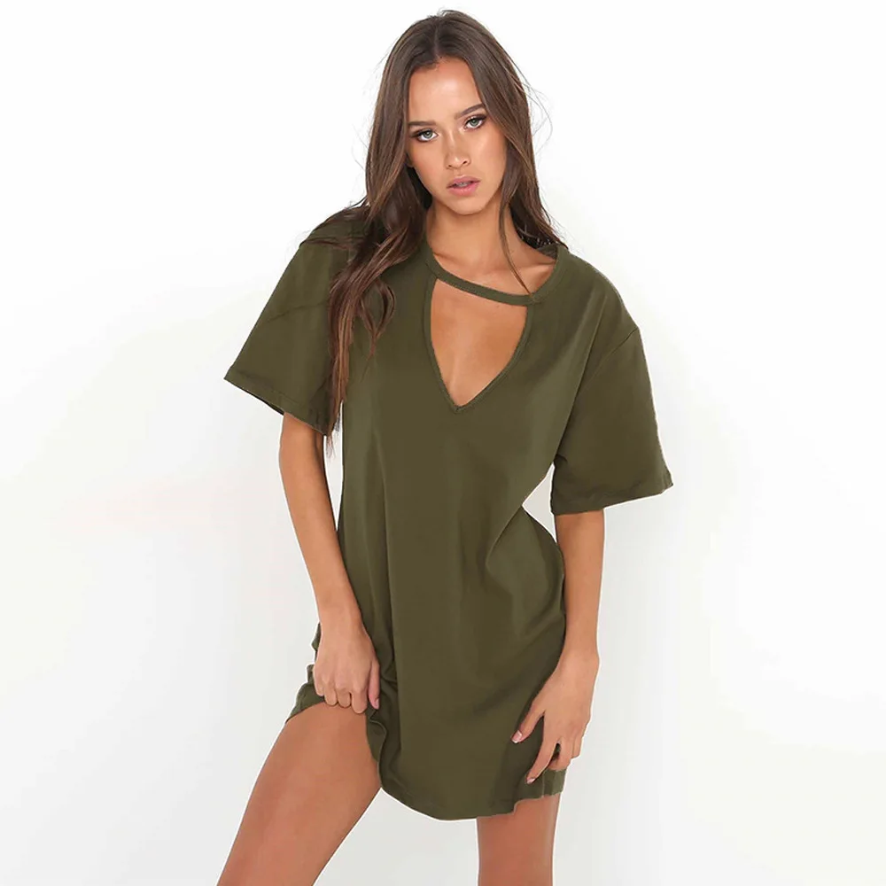 

2020 Women Tshirt mini Dress Choker V-neck Summer Dresses Long Short Sleeve Casual Sexy Halter Boho Beach Dress Vestidos autumn