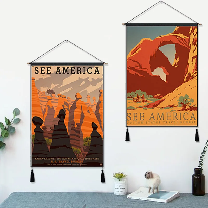 See America Great Smoky Mountains Park Vintage Hanging Cloth Cotton Line Painting Poster Home Decor Wall Tapestry Gift | Дом и сад