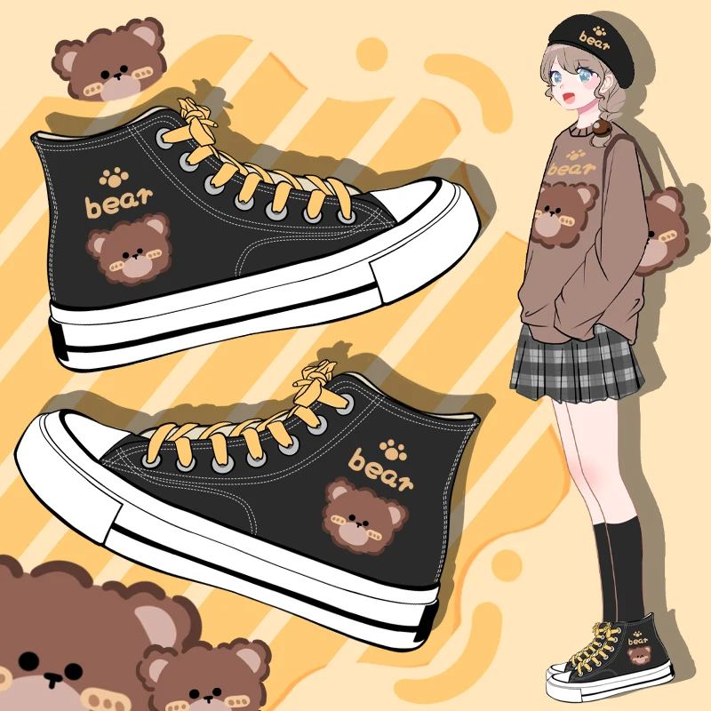 

Amy and Michael 2021 Autumn Cute Anime Cartoon Canvas Shoes Girls Students Lovely Casual Black Hi Tops Retro Plimsolls Vulcanize